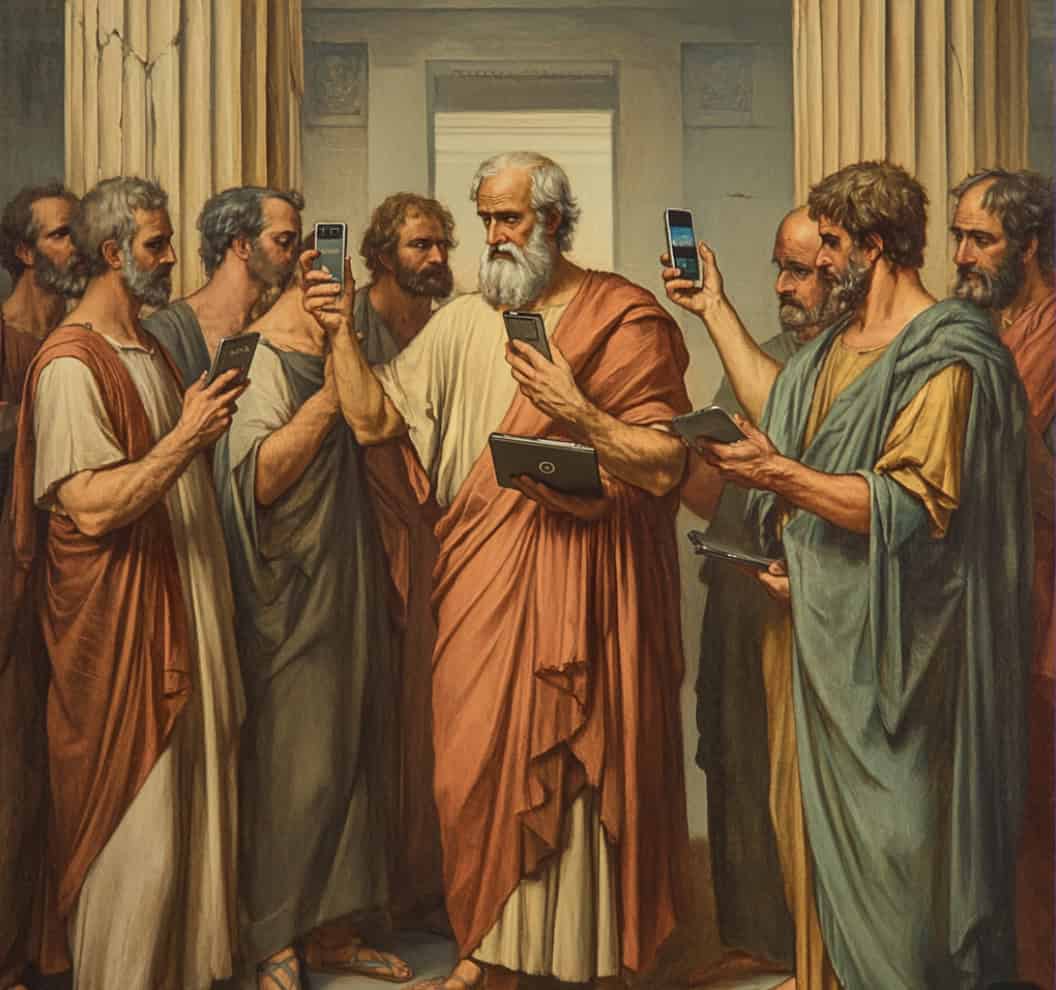 A classical-style painting of ancient philosophers gathered in robes, but humorously altered to show each holding a modern device such as a smartphone or tablet, blending ancient and modern visual cues.